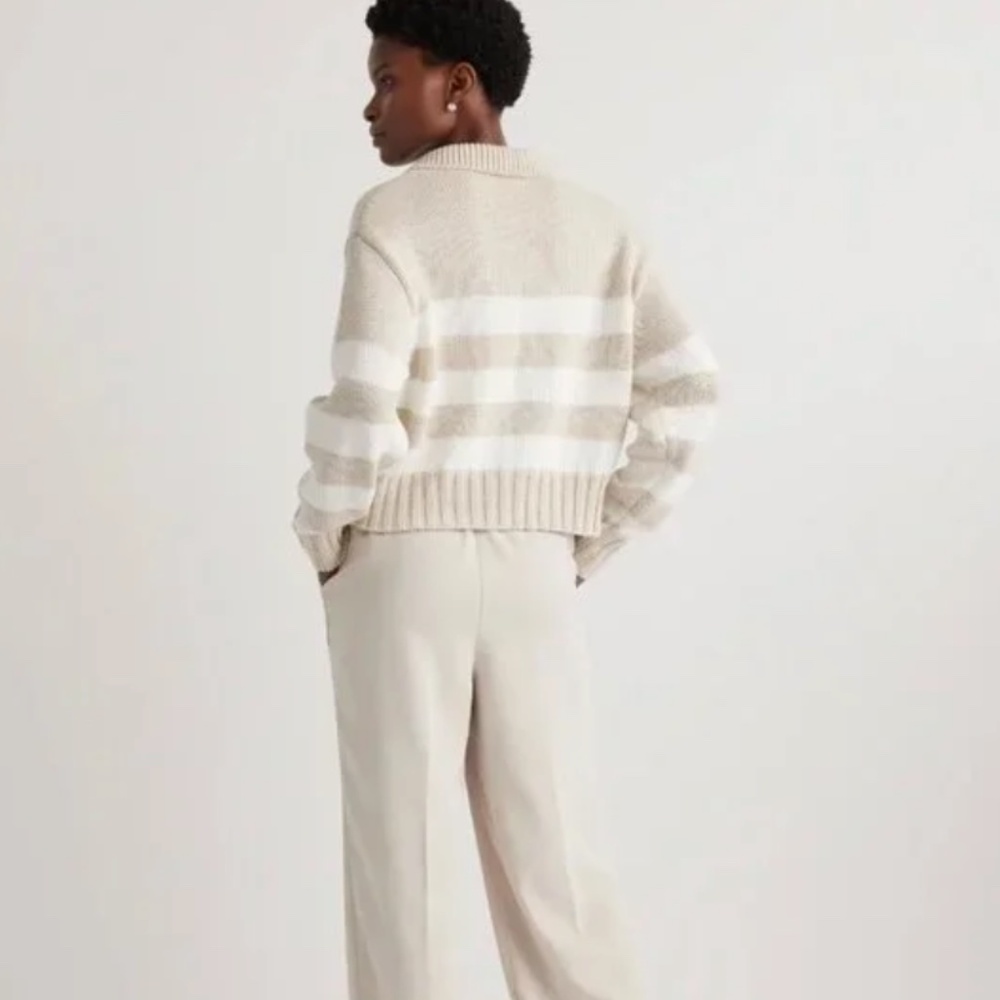 Quince Cream and White Striped V-Neck Sweater - Picture 15 of 15
